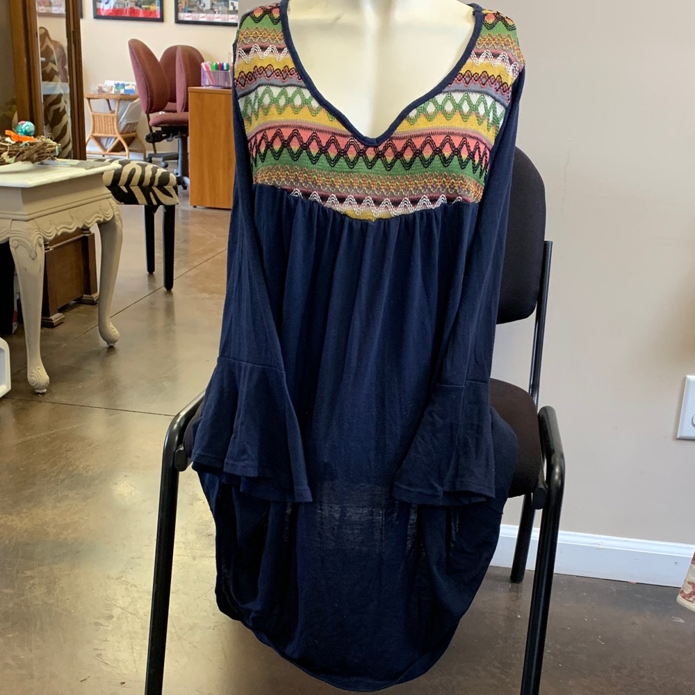 Navy Boho Embroidered V-Neck Dress